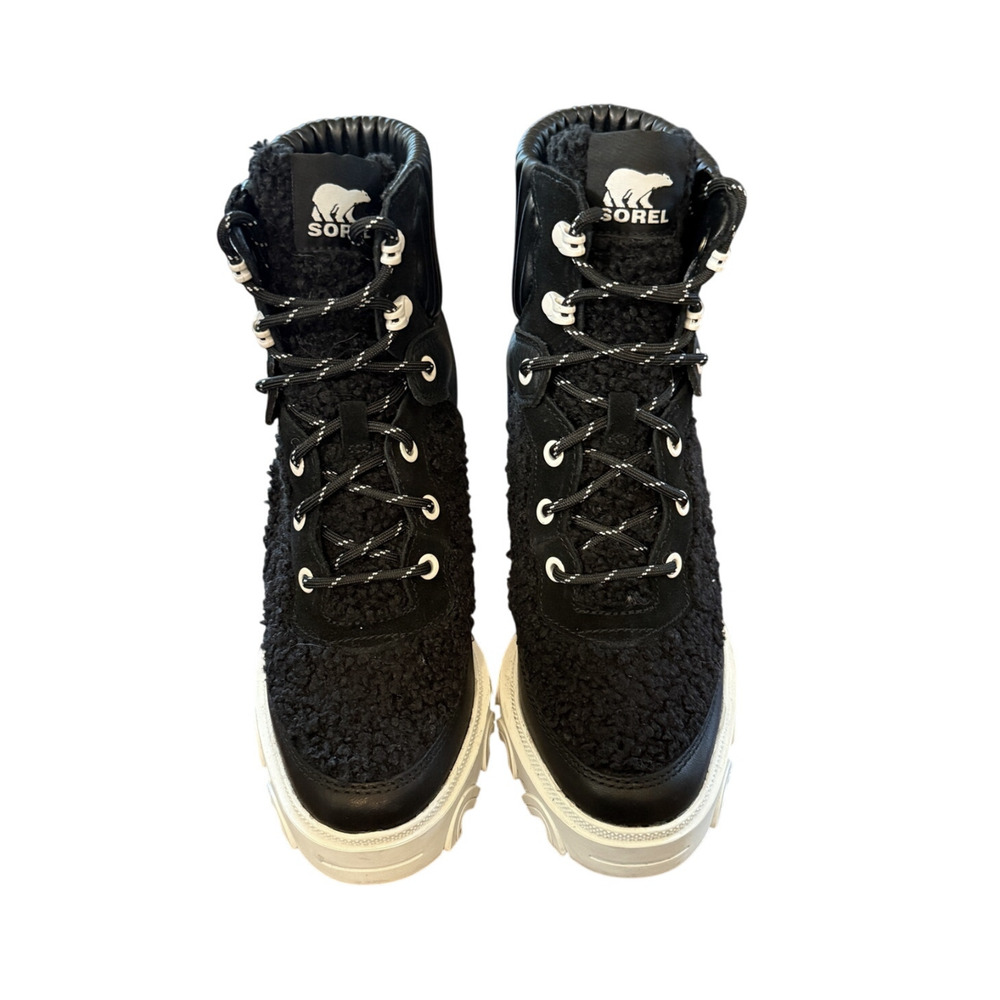 Sorel 8.5 Brex $210 Shearling Teddy Bear Ankle Boots Chunky Platform Heel Black - Picture 5 of 10